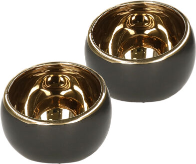 Countryfield Luxe theelichthouder/kaarsenhouder - 2x - zwart/goud - keramiek - D15 x H13.5 cm