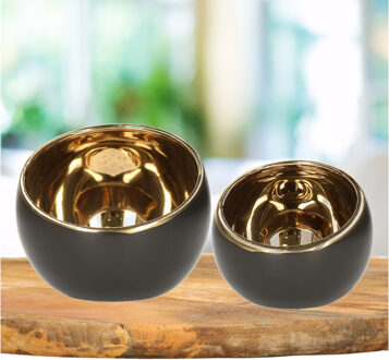 Countryfield Theelichthouders/kaarsenhouders - set van 2x - zwart/goud - keramiek - Windlichten