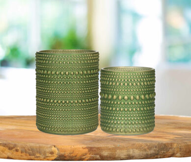 Countryfield Theelichthouders set - 2x - olijfgroen/goud - glas - luxe kaarsenhouders