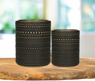 Countryfield Theelichthouders set - 2x - zwart/goud - glas - luxe kaarsenhouders