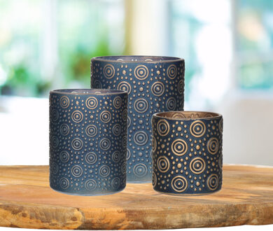 Countryfield Theelichthouders set - 3x - nachtblauw/goud - glas - luxe kaarsenhouders