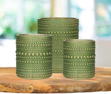 Countryfield Theelichthouders set - 3x - olijfgroen/goud - glas - luxe kaarsenhouders