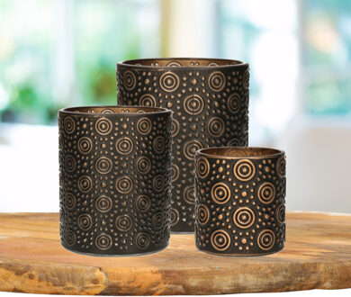 Countryfield Theelichthouders set - 3x - zwart/brons - glas - luxe kaarsenhouders