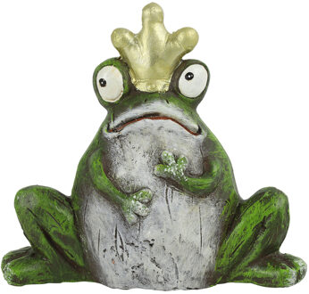 Countryfield Tuinbeeld kikker met kroontje - kunststeen - H11 cm - groen - De kikkerkoning van uw tuin