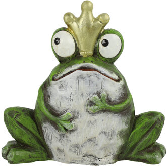 Countryfield Tuinbeeld kikker met kroontje - kunststeen - H15.5 cm - groen - De kikkerkoning van uw tuin