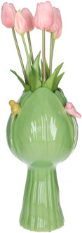 Countryfield vaas Tulip - tulpen vorm - vogeltjes - steen - groen - 18 x 32 cm