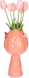 Countryfield vaas Tulip - tulpen vorm - vogeltjes - steen - roze - 18 x 32 cm