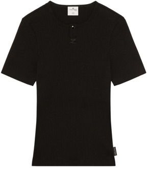 Courreges Zwart Logo-Geborduurd Geribbeld T-Shirt Courrèges , Black , Heren - S