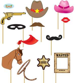 Cowboy photobooth set 12 stuks - Decoratie > Feest spelletjes