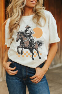 Cowboy Rijdende Graphic T-shirt - maat M Ivoor