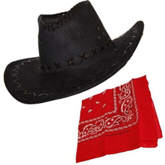 Cowboy verkleed set - Cowboyhoed zwart suede look - rode western zakdoek - carnaval - volwassenen