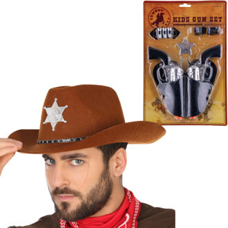 Cowboy verkleed set - hoed bruin - met 2 pistolen in holsters - voor volwassenen