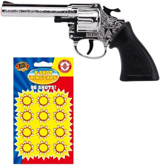 Cowboy verkleed speelgoed revolver/pistool - kunststof - 8 schots - met 12x plaffertjes