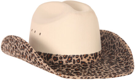Cowboy/western verkleed hoed - beige -luipaard look - voor volwassenen