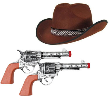 Cowboyhoed bruin en 2 revolvers verkleed set voor volwassenen