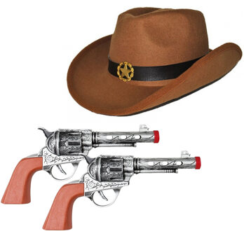 Cowboyhoed bruin en 2 revolvers verkleed set voor volwassenen