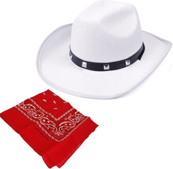 Cowboys verkleed set - Cowboyhoed wit - met rode western zakdoek - volwassenen - carnaval