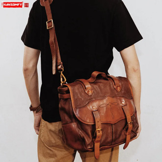 Cowhide Men's Handbags Male Shoulder Slung Laptop Bag Messenger Bag Old Handmade Men Travel Bags Retro Vegetable Tanned Leather