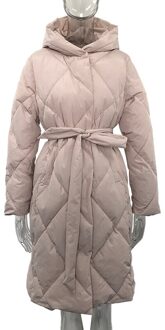 Cp Solid Winter Lange Argyle Parka Vrouwen Mode Tie Riem Taille Jassen Vrouwen Elegante Rits Capuchon Katoenen Jassen Vrouwelijke Dames roze / M