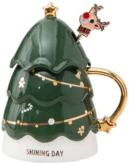 Creatieve 3D Kerstboom Mok Met Deksel Melk Cup Anti-Brandwonden Keramiek Koffie Kop Melk Sapkop Kinderen kerstcadeau groen