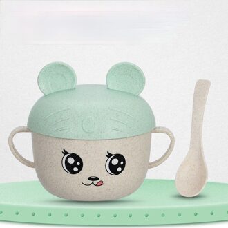 Creatieve Baby Feeding Servies Tarwe Cartoon Kids Gerechten Kinderen Eten Servies Set Anti-Hete Plaat Training Kom + lepel groen met oor