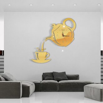 Creatieve Diy 3D Wandklok Acryl Koffie Cup Theepot Decoratieve Keuken Wandklokken Woonkamer Eetkamer Home Decor Klok Goud