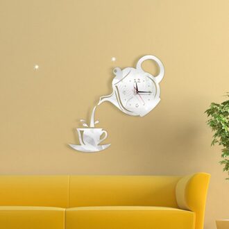 Creatieve Diy 3D Wandklok Acryl Koffie Cup Theepot Decoratieve Keuken Wandklokken Woonkamer Eetkamer Home Decor Klok Zilver