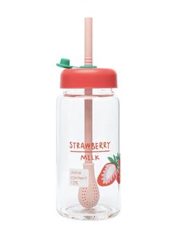 Creatieve Draagbare Aardbei Fruit Melk Water Fles Met Stro Leuke Cartoon Lekvrije Transparante Glazen Fles Water Drinkware