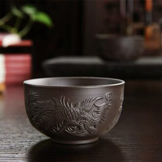 Creatieve Handgemaakte Paarse Klei Reliëf Draak En Phoenix Puer Thee Cup Kantoor Theekopje Drinkware Keramische Thuis Kung Fu Water Mok
