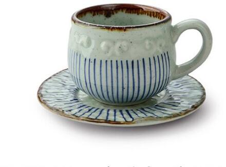 Creatieve Keramische Theekopje Japanse Arabische Melk Cups Retro Grof Aardewerk Koffiekopje Met Mat Lade Restaurant Drinken Mok blauw dish cup 230ML