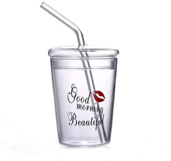 Creatieve Kleine Verse Aardbei Glas Met Deksel Ontbijt Melk Cup Meisje Hart Transparante Binnenlandse Water Cup Stro Cup Fles rood lip model