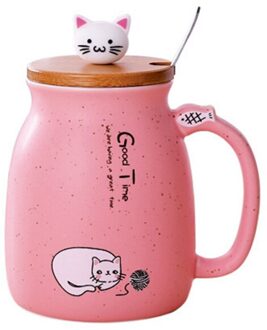 Creatieve Kleur Kat Hittebestendige Mok Cartoon Met Cover 420Ml Cup Kitten Koffie Keramische Mokken Kids Cup Kantoor Drinken roze 420ml