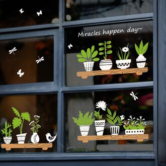 Creatieve Raamstickers Kleine Verse Planten Potplanten Glazen Deur Cafe Decoratieve Muurstickers Pastorale Stijl