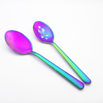 Creatieve Serveerlepels Vergiet Europese Standaard 304 Roestvrij Staal Servies Hollow Lepels Westerse Salade Pollepels 2 stks/pak regenboog