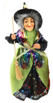 Creation decoratie heksen pop - staand - 30 cm - zwart/groen - Halloween versiering - Halloween poppen