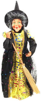 Creation decoratie heksen pop - staand - 42 cm - zwart/geel - Halloween versiering - Halloween poppen