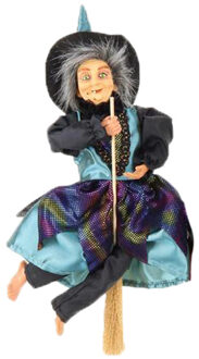 Creation decoratie heksen pop - vliegend op bezem - 30 cm - zwart/blauw - Halloween versiering - Halloween poppen