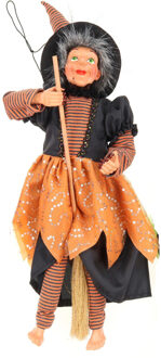 Creation decoratie heksen pop - vliegend op bezem - 40 cm - zwart/oranje - Halloween versiering - Halloween poppen