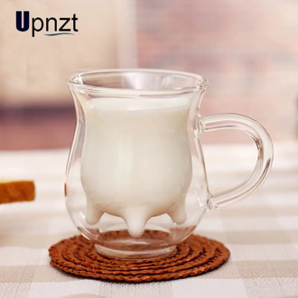 Creative Cow Double Glass Creamer Cup 300ml Beautiful Milk Jug Juice Tea Coffee Cup Transparent Glass Milk Frother