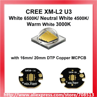 Cree XM-L2 U3 Warm White 3000K / Neutral White 4500K / White 6500K LED Emitter with 16mm / 20mm Copper PCB