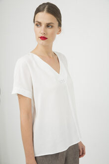 Crème V Hals Top met Metallic Motief Ecru - EU 38 / UK 10