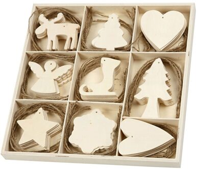 Creotime Houten ornamenten - Assortiment, afm 7-8 cm, triplex, Kerst, 72 assorti