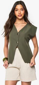 Crepe Gouden Knoopdetail V-Hals Tank, Khaki - 38