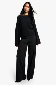 Crepe Pintuck Broek Met Wijde Pijpen, Black - 40