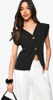Crepe V-Hals Weste Met Goudkleurige Knoopdetails, Black - 38