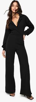 Crepe Volume Sleeve Wrap Front Wide Leg Jumpsuit, Black - 34