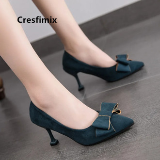 Cresfimix bombas de mujeres women cute comfortable slip on black bow tie high heel shoes lady casual green high heel pumps a5105