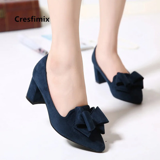 Cresfimix ladies cute sweet navy blue pointed toe bow tie high heel shoes women cool office high heel pumps party shoes a5750