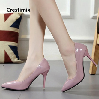 Cresfimix women fashion classic pu leather high heel shoes female cute pointed toe high heels lady spring slip on shoes a2154