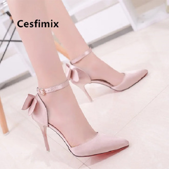 Cresfimix women fashion high quality pu leather bow tie high heel shoes lady classic comfortable summer party pumps cute shoes